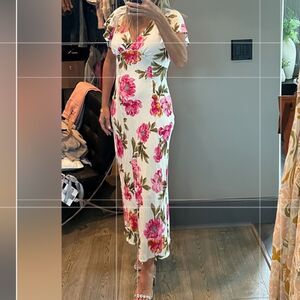 New w/ tags  linen blend womens floral midi dress elegant pink